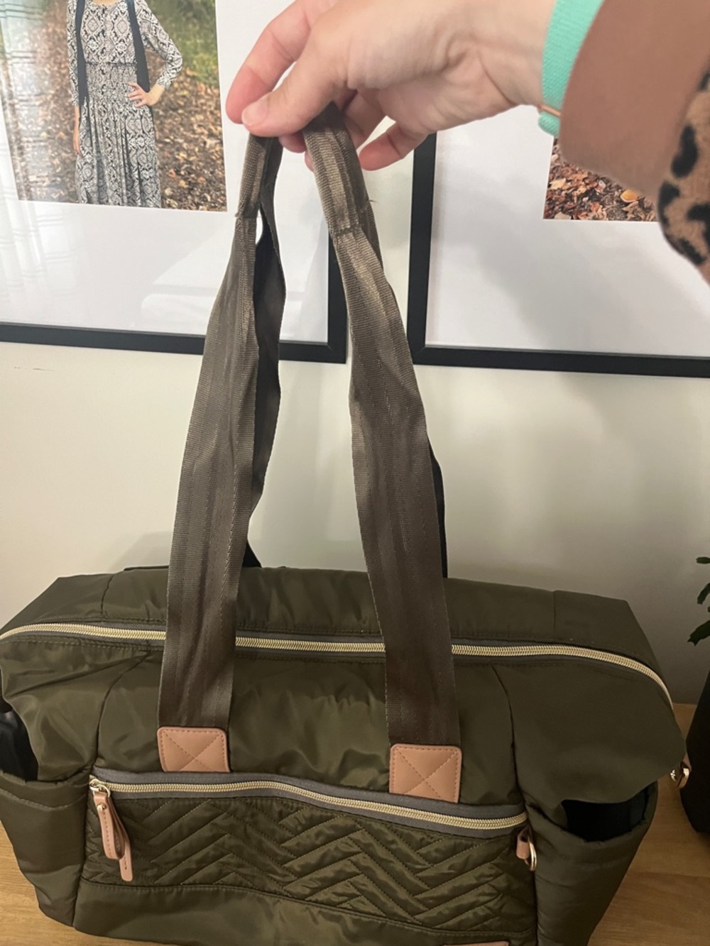 Skip Hop - Olive Green Quilted Baby Diaper Bag with Tan Accents - Picture 4 of 10